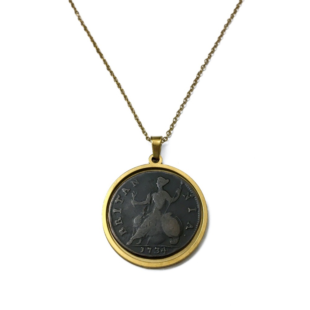 Antique 1734 Coin Necklace, British Half Penny, Gold Pendant and Chain